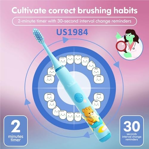 US1984 Sonic Electric Toothbrush for Kids with 4 Modes, 3 Brush Heads & Rechargeable Battery, Ultra Soft Nylon Bristles, IPX7 Waterproof, Electric Power Tooth brush (Blue & Pink) - Image 4