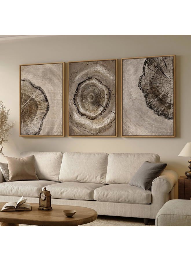 Cuspin Framed Neutral Tree Ring Wall Art for Living Room, Large 3 Piece Vintage Nature Wood Stump Canvas Artwork for Walls, Rustic Tree Ring Paintings Prints for Bedroom Hallway Office Wall Decor, 24x36 Inch - Image 2