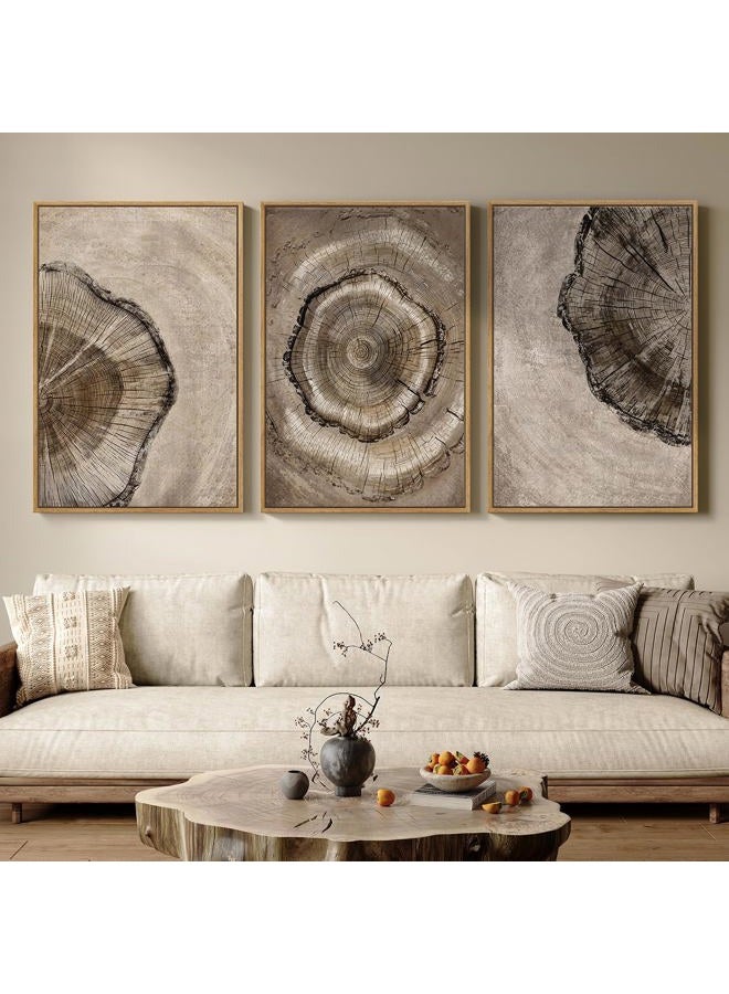 Cuspin Framed Neutral Tree Ring Wall Art for Living Room, Large 3 Piece Vintage Nature Wood Stump Canvas Artwork for Walls, Rustic Tree Ring Paintings Prints for Bedroom Hallway Office Wall Decor, 24x36 Inch - Image 1