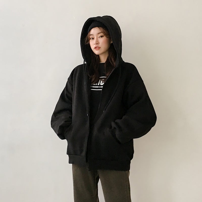 Autumn Winter Couple Hoodies Korean Oversized Cardigan Black thin section 