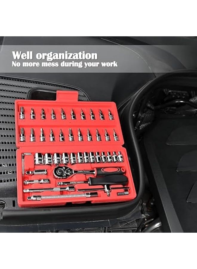 Generic 46pcs Car Repair Tool Kit,1/4 inch Drive Socket Ratchet Wrench Set,Ratchet Torque Wrench,Spanner,Screwdriver,Socket Set Combo - Perfect For Bicycle & Auto Repairing,with Storage Case (Red)  - Image 5