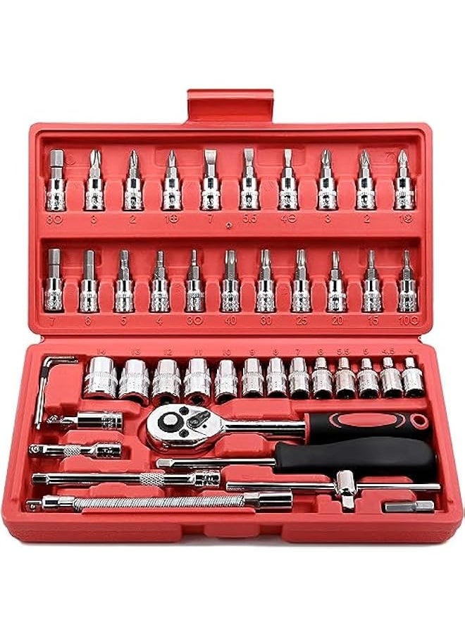 Generic 46pcs Car Repair Tool Kit,1/4 inch Drive Socket Ratchet Wrench Set,Ratchet Torque Wrench,Spanner,Screwdriver,Socket Set Combo - Perfect For Bicycle & Auto Repairing,with Storage Case (Red)  - Image 1