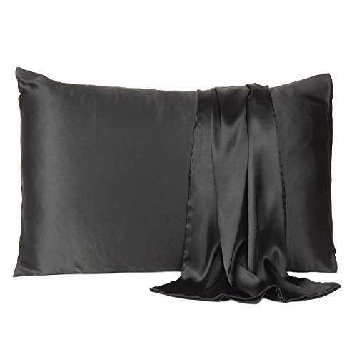 Oussum Satin Silk Pillowcase Cover Soft and Comfortable Hair & Skin Envelop Closure Home Decor Single Pcs with Free Scrunchie (Black, Lumbar Size (16"x24") - Image 1