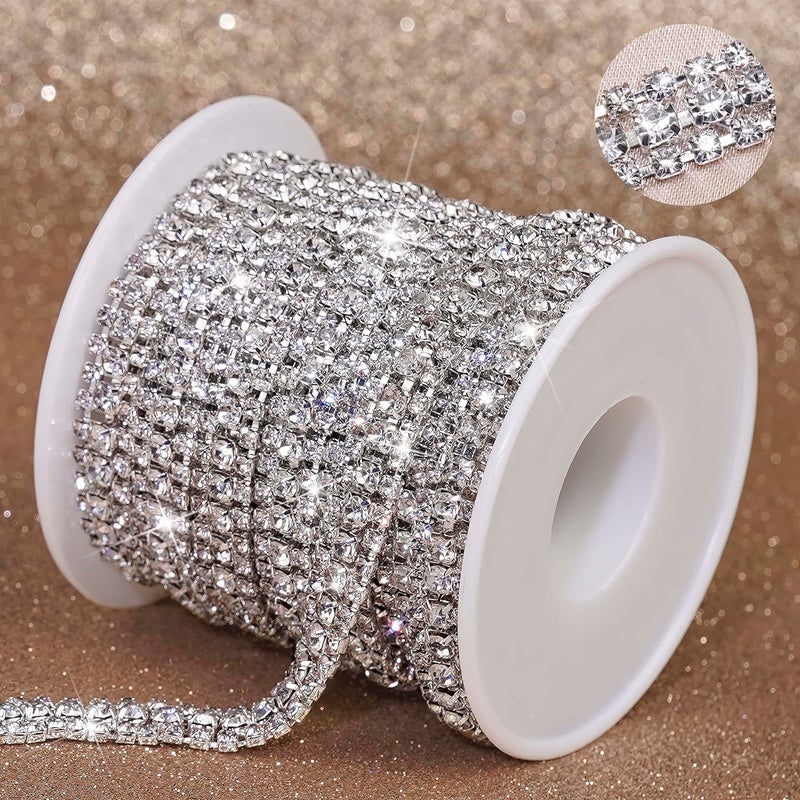 Locacrystal 54 Yards 3 Rows Bling Rhinestone Close Chain Trim for Crafts Sew On Rhinestone Trim with 4mm  23mm Crystal for DIY Jewelry Clothing DecorationWhite with Sliver Base