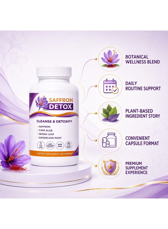 Saffron Detox Cleanse Support Capsules With Senna Leaf, Cape Aloe, Dandelion Root & Saffron Extract, 60 Capsules - Image 3