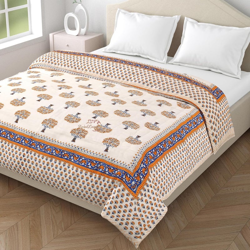 LushHavenDecor LushHavenDecor Original Pure Cotton Jaipuri Razai Brown Tree Print Reversible Comforter Lightweight AC Quilt Summer Winter Bedding Double Bed Size 90 X 105 Inch