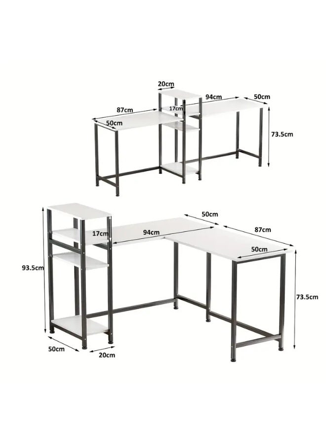 زويهاو مكتب زاوية على شكل حرف L مع رف، مكتب منزلي على شكل حرف L، مكتب ألعاب كبير، مكتب كتابة متين، محطة عمل للكتابة، مكتب ألعاب عصري بسيط (أبيض مع رف). - Image 2