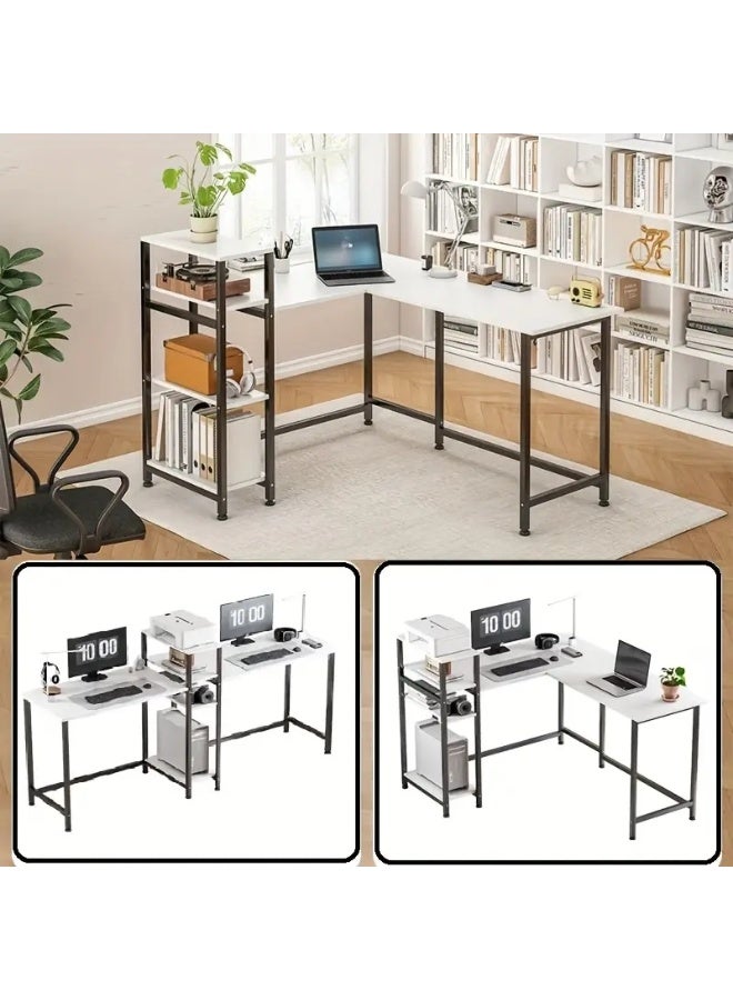 زويهاو مكتب زاوية على شكل حرف L مع رف، مكتب منزلي على شكل حرف L، مكتب ألعاب كبير، مكتب كتابة متين، محطة عمل للكتابة، مكتب ألعاب عصري بسيط (أبيض مع رف). - Image 1