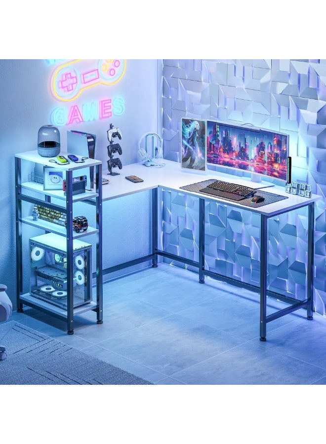 زويهاو مكتب زاوية على شكل حرف L مع رف، مكتب منزلي على شكل حرف L، مكتب ألعاب كبير، مكتب كتابة متين، محطة عمل للكتابة، مكتب ألعاب عصري بسيط (أبيض مع رف). - Image 3