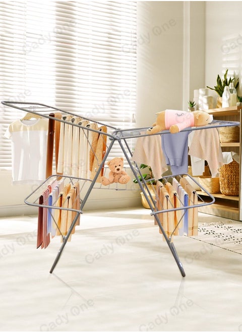 Laundry rack and clothes drying rack made of galvanized steel with two silver shelves