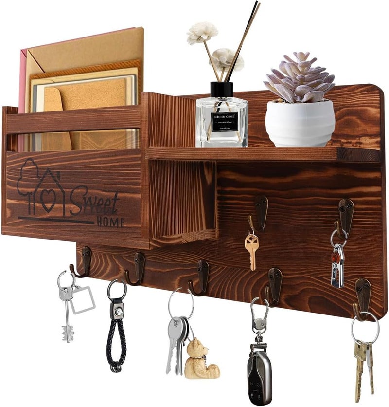 Gocokia Key Hanger Organizer, Mail and Key Holder for Wall Decorative, Wall Shelf with 7 Key Hooks, Wall Mounted Key Hangers with Mailbox, Home Decor (Brown) - Image 3