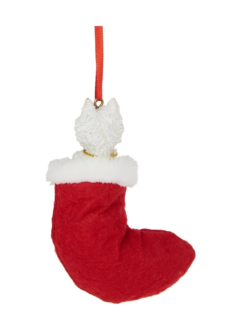 E&S Pets Westie fabric Christmas Stocking Ornament with "Santa's Little Pals" Hand Painted and Stitched Detail - Image 2