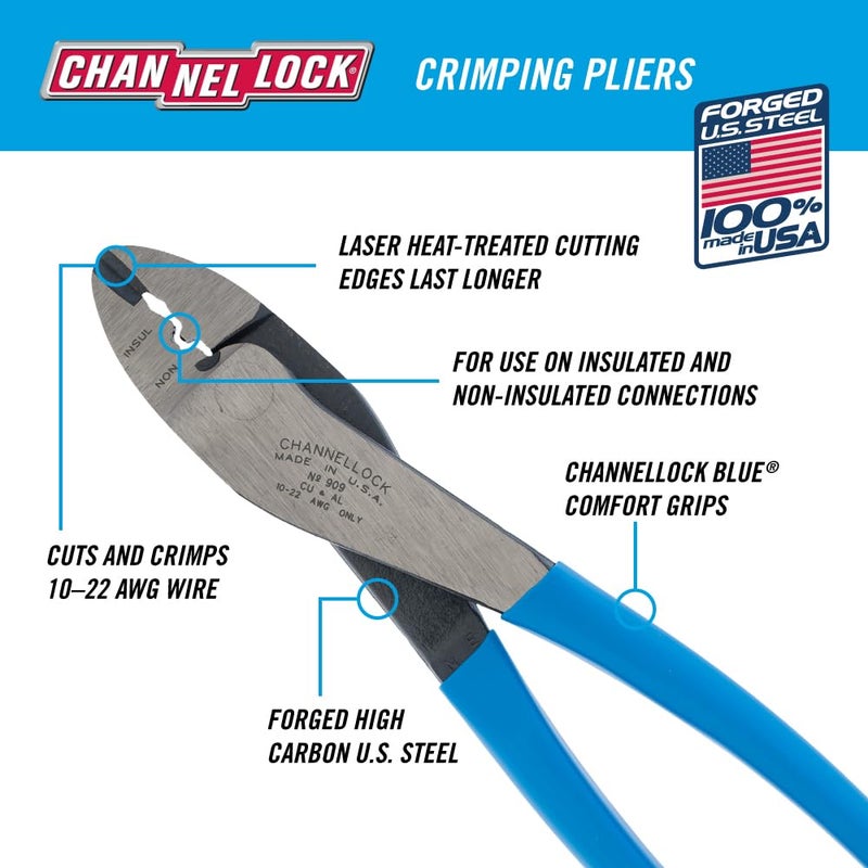 Channellock 909 9.5-Inch Wire Crimping Tool | Electrician's Terminal Crimp Pliers with Cutter are Designed for Insulated and Non-Insulated Connections - Image 2
