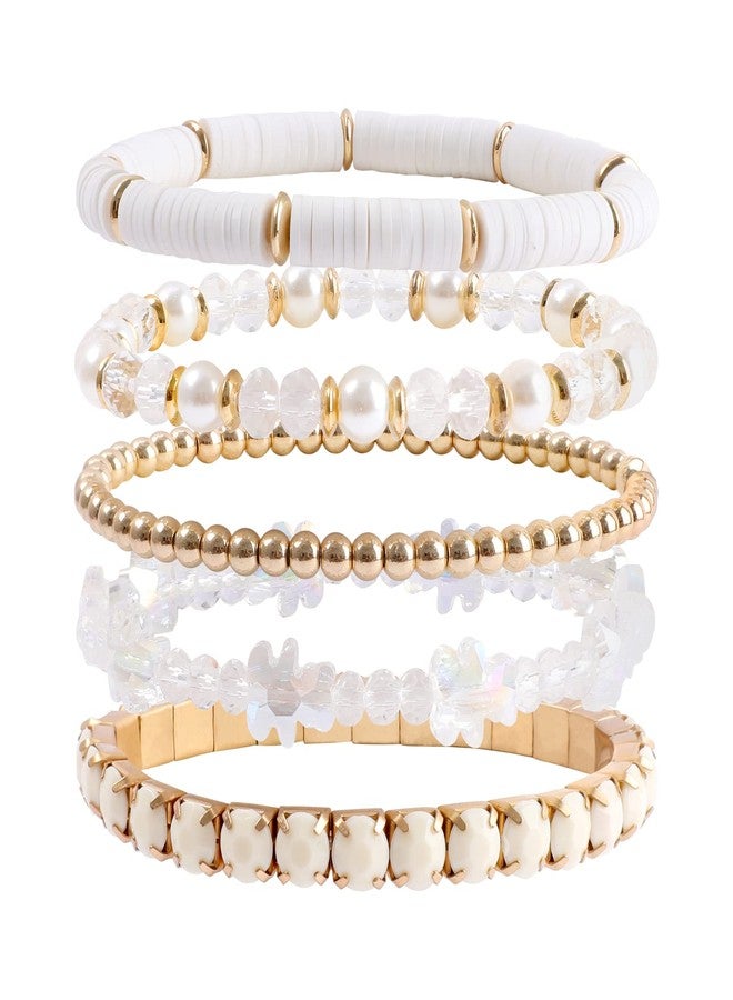 MAKERSLAND White Bracelets Cute Clay Beaded Crystal White Cute Bracelet Set for Women, 5Pcs Strand Stretch Preppy Heishi Bracelet Beach Bohemian Layering Bracelet Jewelry for Teens - Image 1