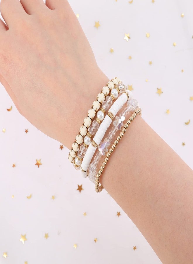 MAKERSLAND White Bracelets Cute Clay Beaded Crystal White Cute Bracelet Set for Women, 5Pcs Strand Stretch Preppy Heishi Bracelet Beach Bohemian Layering Bracelet Jewelry for Teens - Image 5