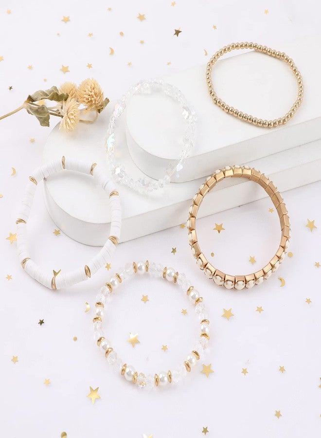 MAKERSLAND White Bracelets Cute Clay Beaded Crystal White Cute Bracelet Set for Women, 5Pcs Strand Stretch Preppy Heishi Bracelet Beach Bohemian Layering Bracelet Jewelry for Teens - Image 4
