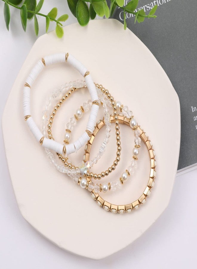 MAKERSLAND White Bracelets Cute Clay Beaded Crystal White Cute Bracelet Set for Women, 5Pcs Strand Stretch Preppy Heishi Bracelet Beach Bohemian Layering Bracelet Jewelry for Teens - Image 2
