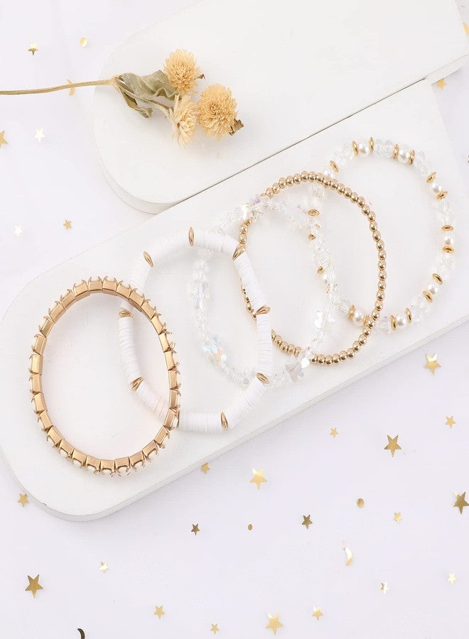 MAKERSLAND White Bracelets Cute Clay Beaded Crystal White Cute Bracelet Set for Women, 5Pcs Strand Stretch Preppy Heishi Bracelet Beach Bohemian Layering Bracelet Jewelry for Teens - Image 3