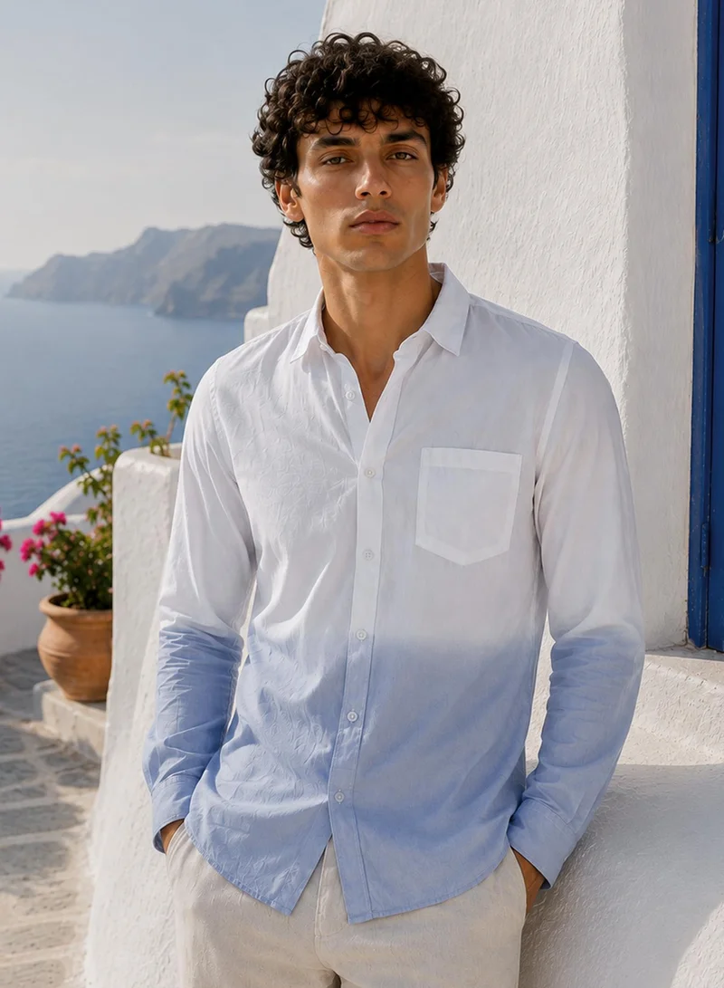 CAHOOT Cahoot Men's White and Blue Ombre Cotton Shirt