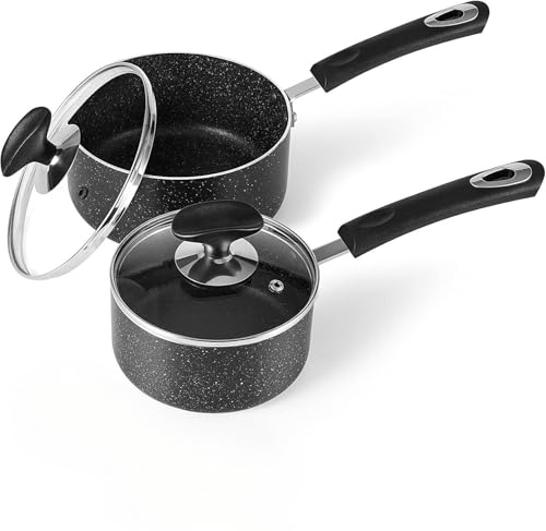HooJay Nonstick Saucepan Set with Lid, Non Stick 1Qt & 2Qt Sauce Pan Set with Glass Lid Small Pot for Home Kitchen - Image 1