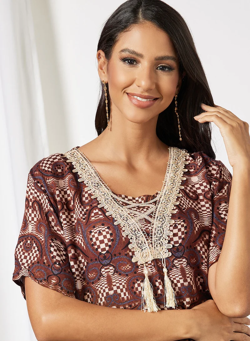 Hayat Jalabiya In Abstract Prints With Lace And Tassel Embellishments