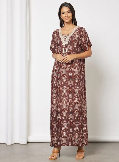 Hayat Jalabiya In Abstract Prints With Lace And Tassel Embellishments