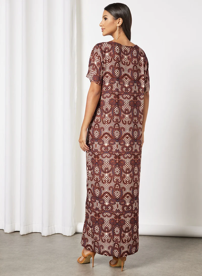 Hayat Jalabiya In Abstract Prints With Lace And Tassel Embellishments