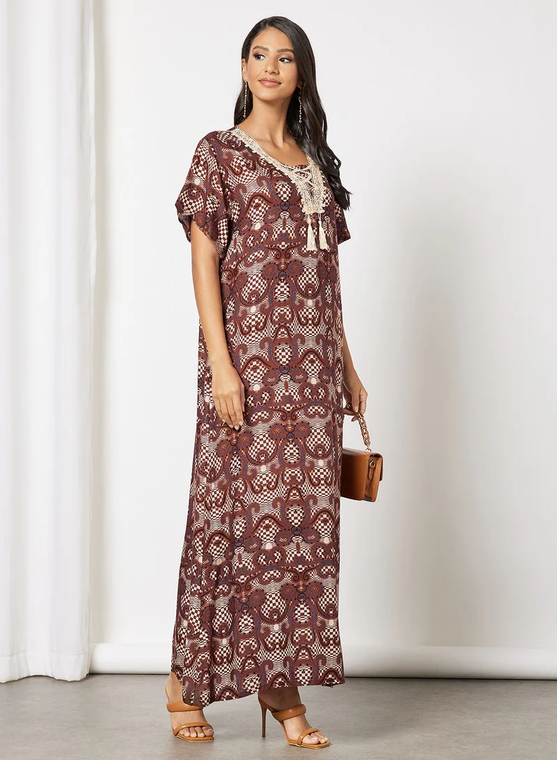 Hayat Jalabiya In Abstract Prints With Lace And Tassel Embellishments