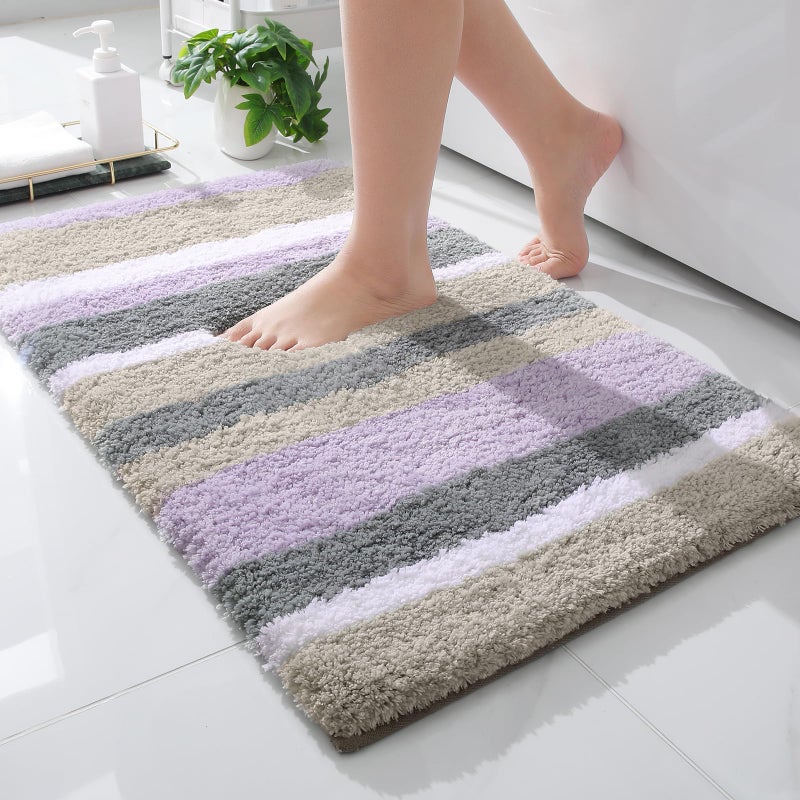 سجاد حمام ميكروفايبر مخطط من بوجاندا، حصيرة استحمام سميكة إضافية ناعمة وشعرية، ماصة وقابلة للغسل في الغسالة، سجاد حمام للحمام وحوض الاستحمام والدش 30x20 بوصة بنفسجي ورمادي