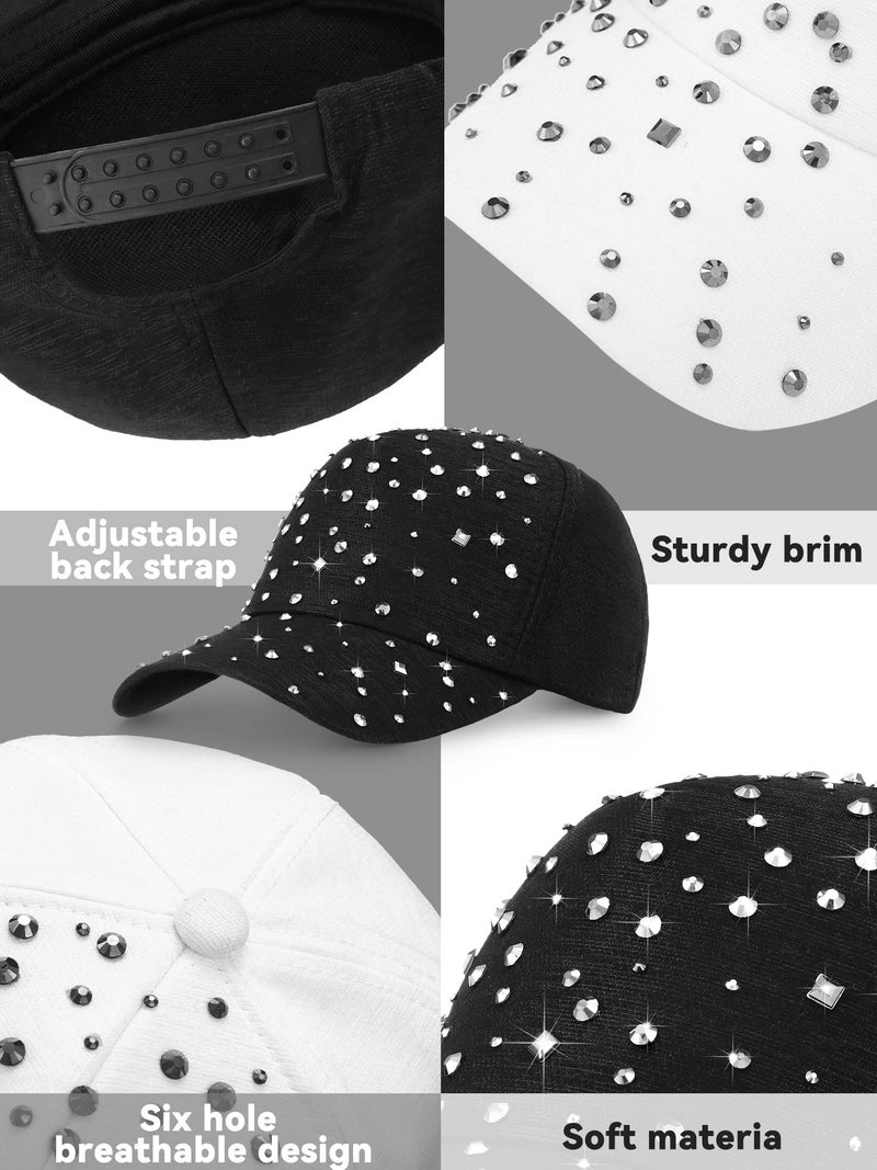 Loopeer 2 Pcs Adjustable Breathable Rhinestone Baseball Cap for Women Men Sequins Casual Sports Cap Rhinestone Hat(Black, White) - Image 3