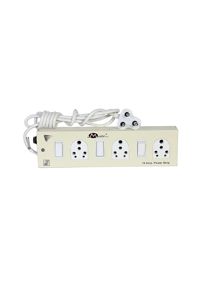 Mute Mute Power Extension Strip 3 Socket & 3 Individual Switch 3 Core 2.2 Meters Copper Lead 15 Amp Surge Protector Power Strip. (3 Socket & 3 Switch, Ivory) 