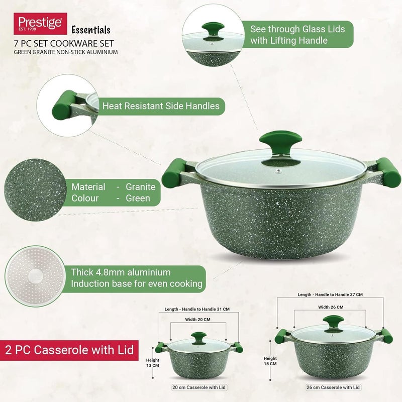 Prestige Essentials Granite 7 Piece Non-Stick Cast Aluminium Cookware Sets | Induction Compatible Pots and Pans Set | Grenn - PR80960 Green - Image 5