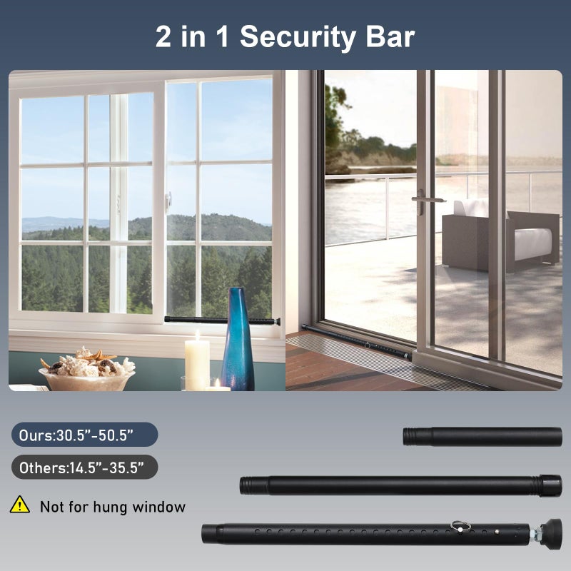 DIIG Sliding Door Security Bar, 17.7-50.5inch Heavy Duty Adjustable Sliding Patio Door Lock Bar with Rubber Tips,Diameter 1inch Window Security Bar for Home Apartment Travel Children Women (Black) - Image 3
