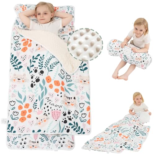 Viviland Toddler Nap Mat with Pillow and Minky Dot Blanket Rolled Sleeping MatsSlumber Bag Large Thick Kids Nap Mat for Preschool Daycare Kindergarten Travel Camping Cute Cat - Image 1