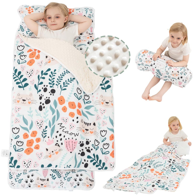 Viviland Toddler Nap Mat with Pillow and Minky Dot Blanket Rolled Sleeping MatsSlumber Bag Large Thick Kids Nap Mat for Preschool Daycare Kindergarten Travel Camping Cute Cat - Image 2