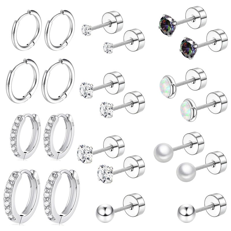 Cocadant Hypoallergenic Flat Back Earring Sets for Multiple Piercing Sterling Silver Small Huggie Hoop Earrings for Women Surgical Stainless Steel FlatBack Silver Stud Earrings Trendy Cartilage Earring Stacks - Image 1