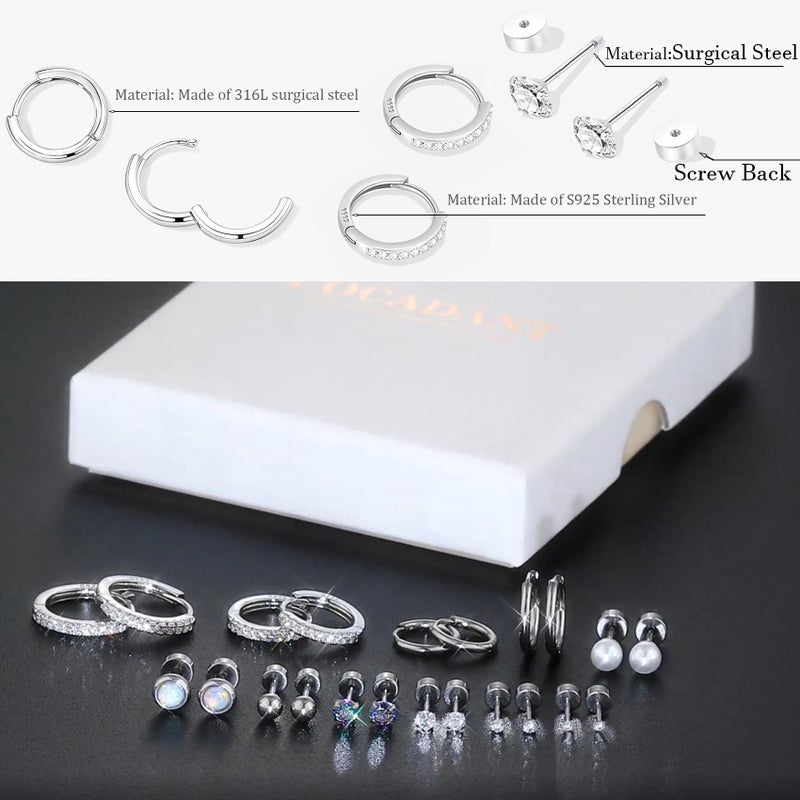 Cocadant Hypoallergenic Flat Back Earring Sets for Multiple Piercing Sterling Silver Small Huggie Hoop Earrings for Women Surgical Stainless Steel FlatBack Silver Stud Earrings Trendy Cartilage Earring Stacks - Image 5