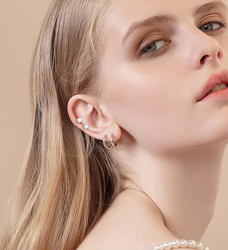 Cocadant Hypoallergenic Flat Back Earring Sets for Multiple Piercing Sterling Silver Small Huggie Hoop Earrings for Women Surgical Stainless Steel FlatBack Silver Stud Earrings Trendy Cartilage Earring Stacks - Image 3
