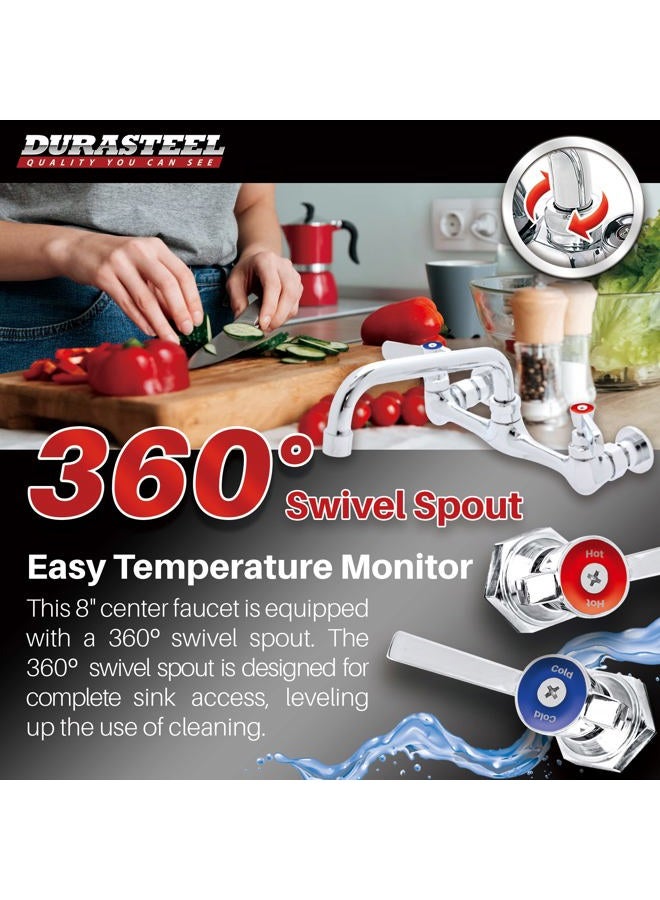 DuraSteel Kitchen Sink Faucet Wall Mount - 8" Center Commercial Kitchen Sink Faucet with 16" Swivel Spout - No Lead & NSF Certified - Dual Lever Handles - Brass Constructed & Chrome Polished - Image 4