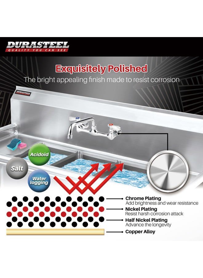 DuraSteel Kitchen Sink Faucet Wall Mount - 8" Center Commercial Kitchen Sink Faucet with 16" Swivel Spout - No Lead & NSF Certified - Dual Lever Handles - Brass Constructed & Chrome Polished - Image 3