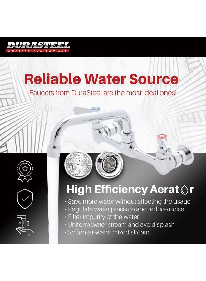 DuraSteel Kitchen Sink Faucet Wall Mount - 8" Center Commercial Kitchen Sink Faucet with 16" Swivel Spout - No Lead & NSF Certified - Dual Lever Handles - Brass Constructed & Chrome Polished - Image 2