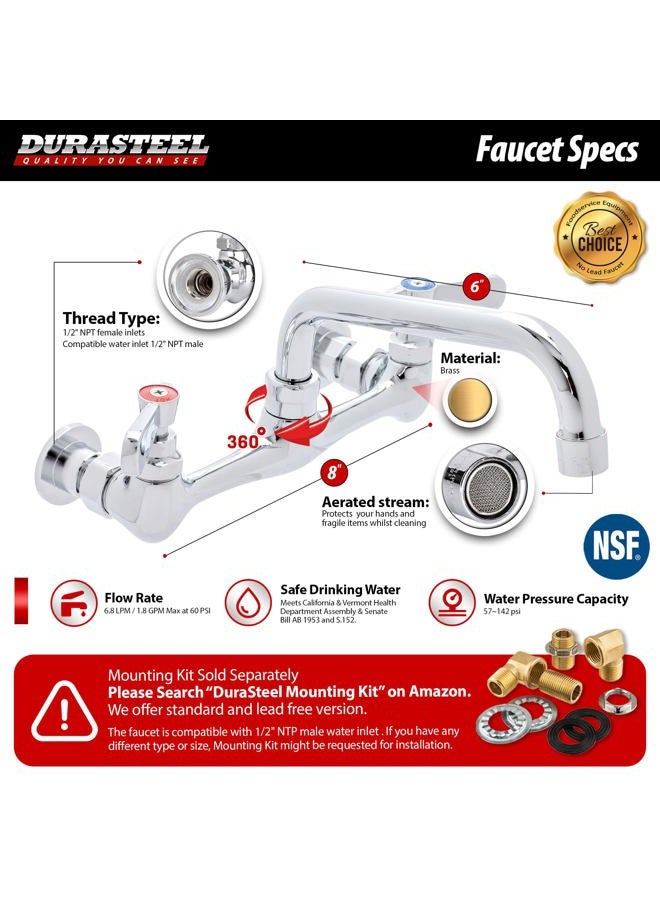 DuraSteel Kitchen Sink Faucet Wall Mount - 8" Center Commercial Kitchen Sink Faucet with 16" Swivel Spout - No Lead & NSF Certified - Dual Lever Handles - Brass Constructed & Chrome Polished - Image 5