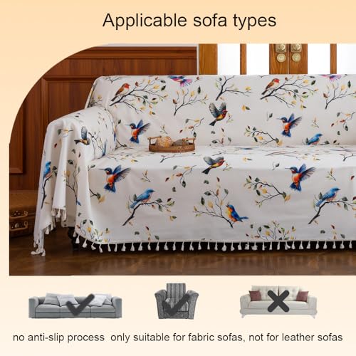 Erbnaryx Boho Couch Cover with Tassels, Washable 3-Seater Sectional Sofa Cover for Living Room (Birds, 71"x150") - Image 5