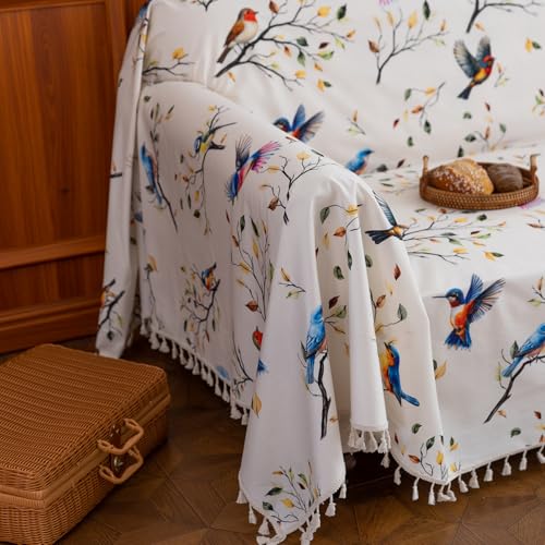 Erbnaryx Boho Couch Cover with Tassels, Washable 3-Seater Sectional Sofa Cover for Living Room (Birds, 71"x150") - Image 4