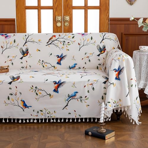 Erbnaryx Boho Couch Cover with Tassels, Washable 3-Seater Sectional Sofa Cover for Living Room (Birds, 71"x150") - Image 1
