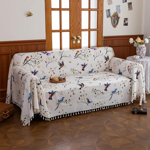Erbnaryx Boho Couch Cover with Tassels, Washable 3-Seater Sectional Sofa Cover for Living Room (Birds, 71"x150") - Image 2
