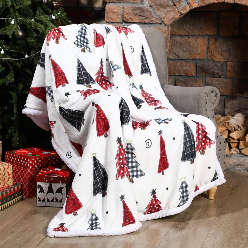 WovWeave Christmas Sherpa Throw Christmas Tree Fleece Blanket 50 x 60 Inch Winter Xmas Plaid Tree Reversible Microfiber Blanket Holiday Decorative Soft Ultra Blankets for Gift Couch Bed Red - Image 2
