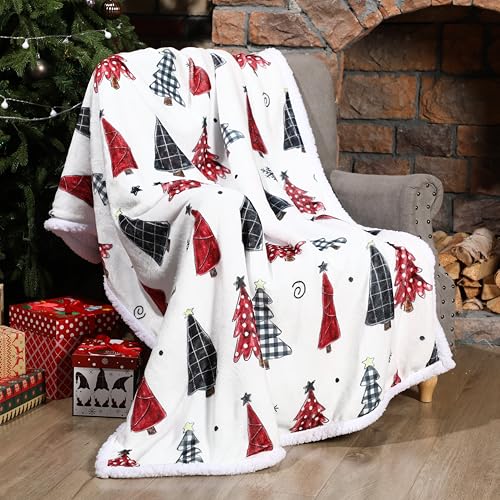 WovWeave Christmas Sherpa Throw Christmas Tree Fleece Blanket 50 x 60 Inch Winter Xmas Plaid Tree Reversible Microfiber Blanket Holiday Decorative Soft Ultra Blankets for Gift Couch Bed Red - Image 1