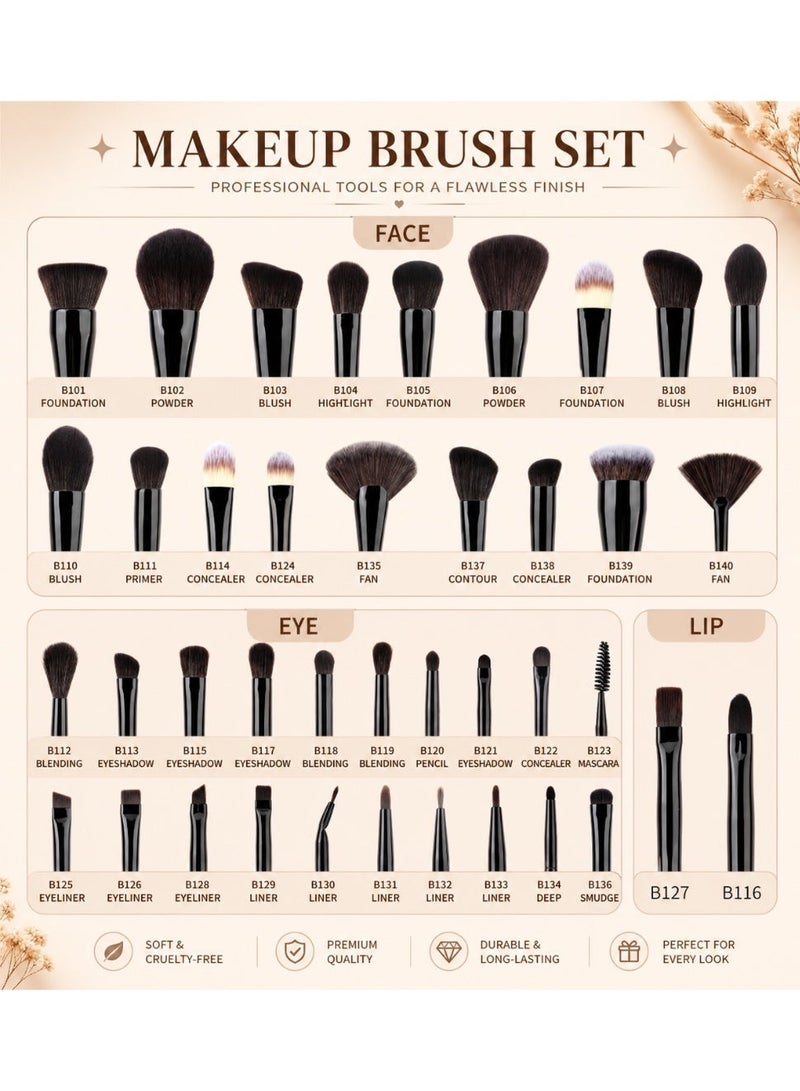 House of Aetheria 21-Piece Onyx Make Up Brush Set, Luxury Black Brushes,  with V Shape Puff, Makeup Bag , Canvas Bag - Image 3