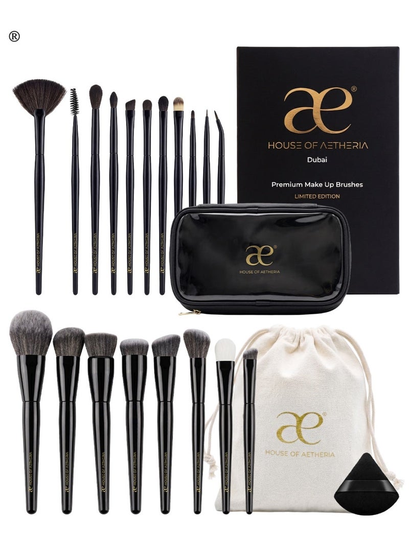 House of Aetheria 21-Piece Onyx Make Up Brush Set, Luxury Black Brushes,  with V Shape Puff, Makeup Bag , Canvas Bag - Image 1